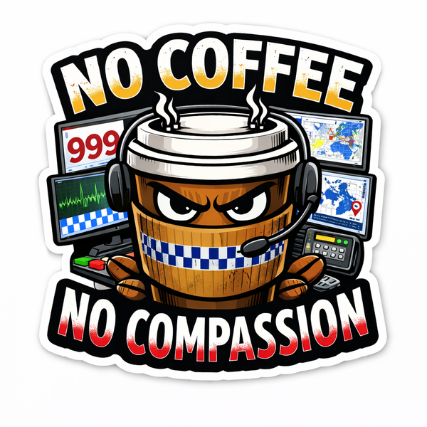 POLICE Humour Vinyl Sticker - No Coffee, No Compassion!